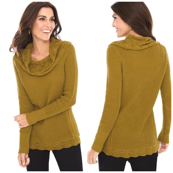 CHICO'S Cottage Boho Pointelle Waffle Knit Cowl Neck Sweater Golden Size 0 (S/4) - Picture 1 of 9